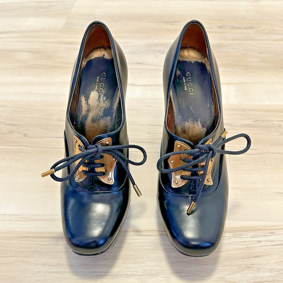 Gucci Heels Scar Pelle S Cuoio Nero Baby Lux 9B High Heel Platform Shoes - Picture 2 of 12